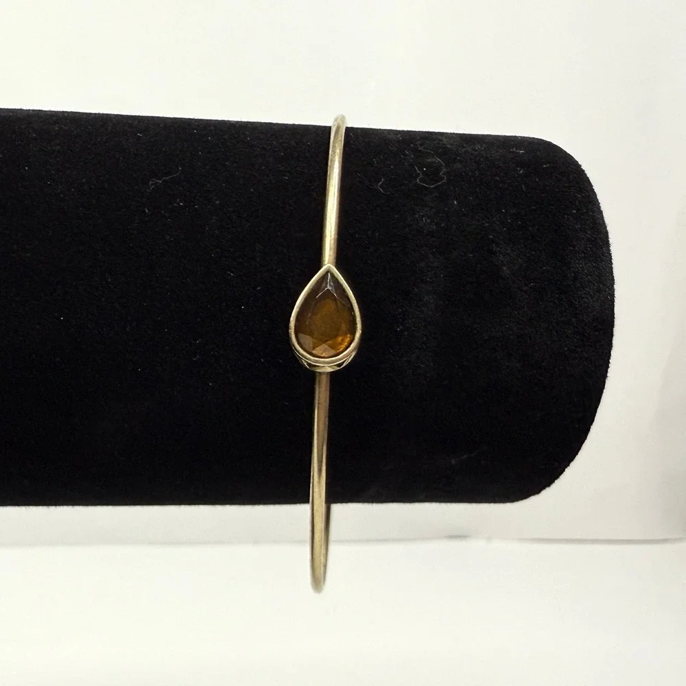 Amber Teardrop Gemstone Bangle Bracelet Gold Tone Fashion Jewelry Wrist Sz 7.5